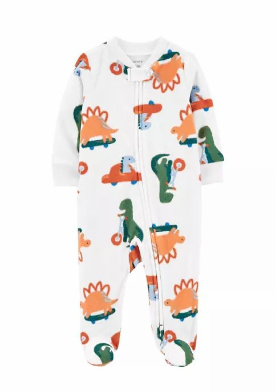 Kids * | Coupon Carter'S Baby Boys Dinosaur Zip-Up Fleece Sleep & Play White (100