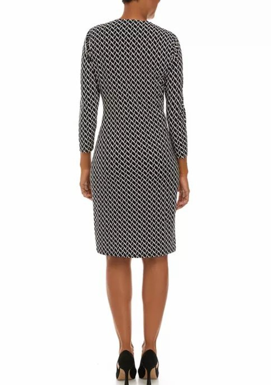 Women * | Best Pirce Kasper Women'S 3/4 Sleeve Geo Print Side Wrap Dress Black/Vanilla Ice