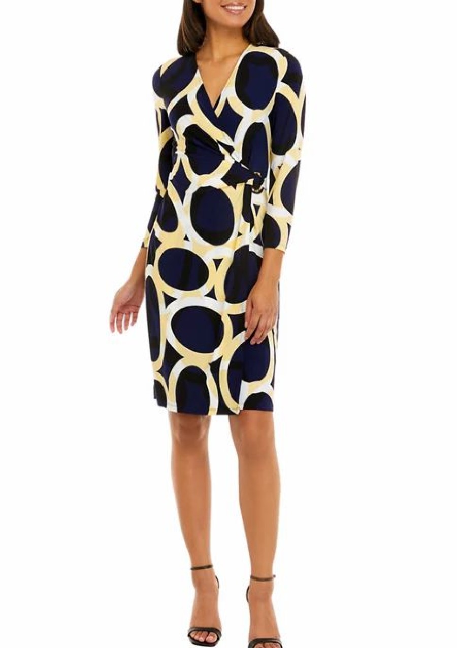 Women * | Best Pirce Kasper Women'S 3/4 Sleeve Surplice Side Buckle Oval Print Dress Kasper Navy Multi