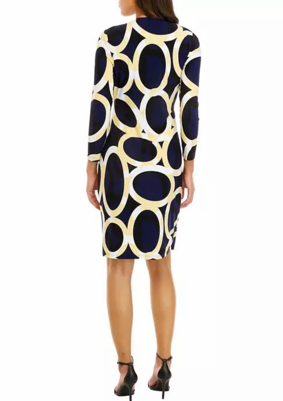 Women * | Best Pirce Kasper Women'S 3/4 Sleeve Surplice Side Buckle Oval Print Dress Kasper Navy Multi