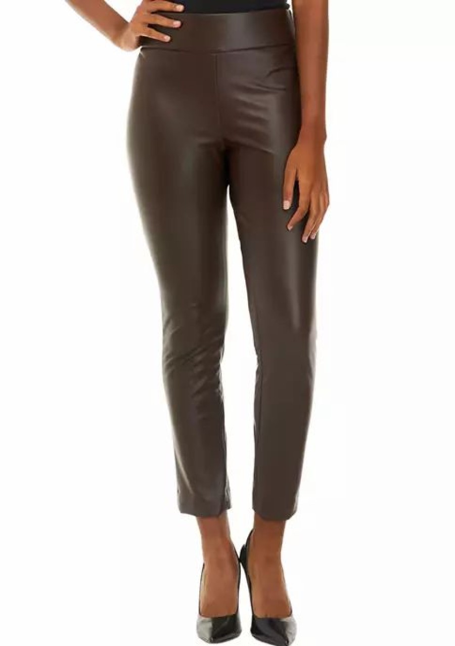 Women * | Brand New Kasper Women'S Pull On Slim Ankle Faux Leather Pants Chocolate