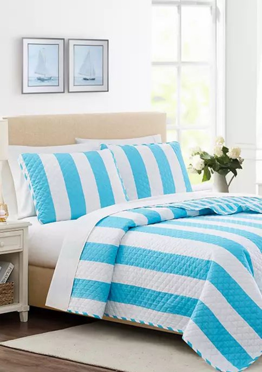 Bed & Bath * | Deals Modern. Southern. Home. Wide Stripe 3 Piece Quilt Set White/Teal