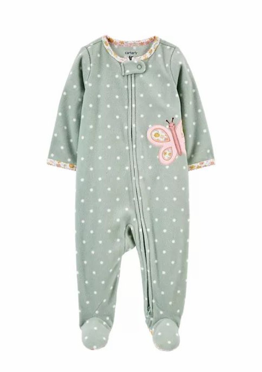 Kids * | Cheap Carter'S Baby Girls Butterfly Zip Up Fleece Sleep & Play One Piece Green (300