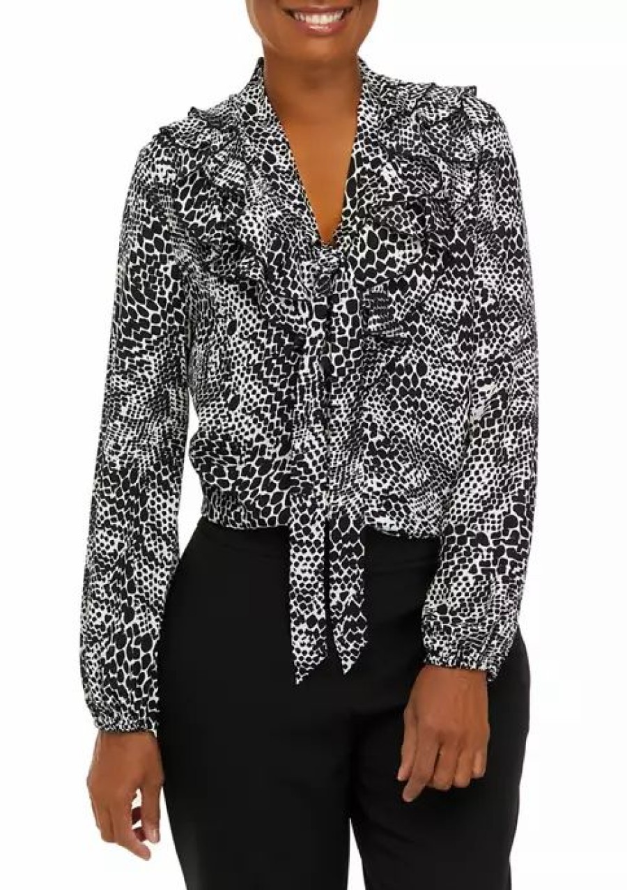 Women * | Budget Kasper Women'S Long Sleeve Ruffle Tie Front Animal Print Blouse Vanilla Ice/Black