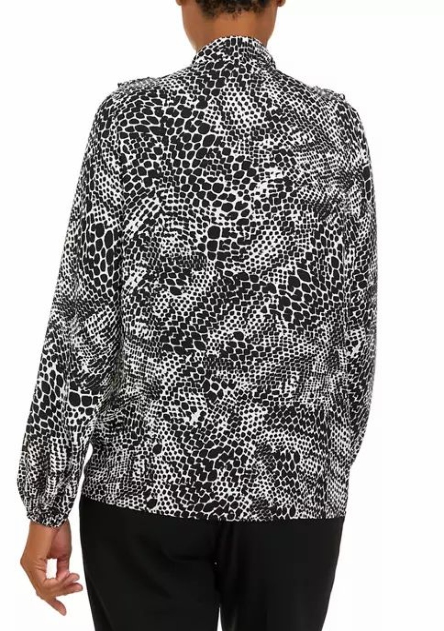 Women * | Budget Kasper Women'S Long Sleeve Ruffle Tie Front Animal Print Blouse Vanilla Ice/Black