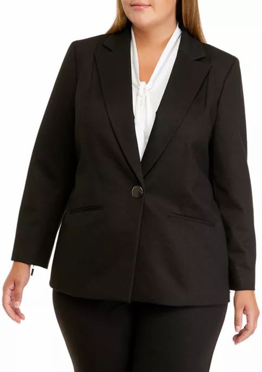 Women * | Best Deal Kasper Plus Size Long Sleeve Notch Collar One Button Jacket Chocolate Combo