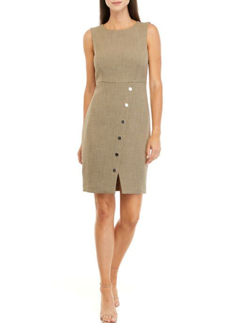 Women * | Promo Kasper Women'S Sleeveless Asymmetrical Button Dress Cypress Grey