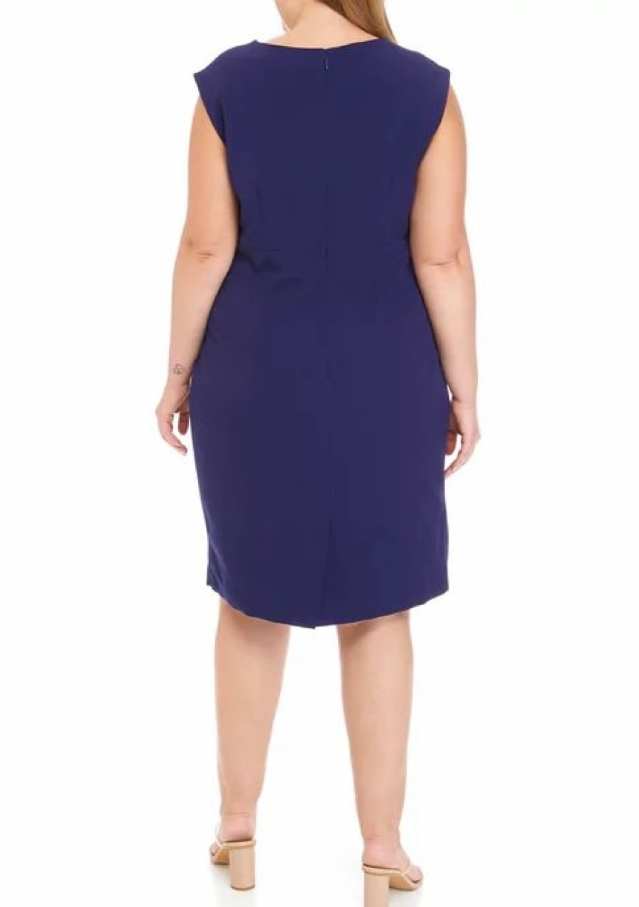 Women * | New Kasper Plus Size Sleeveless Split Neck Sheath Dress Kasper Navy