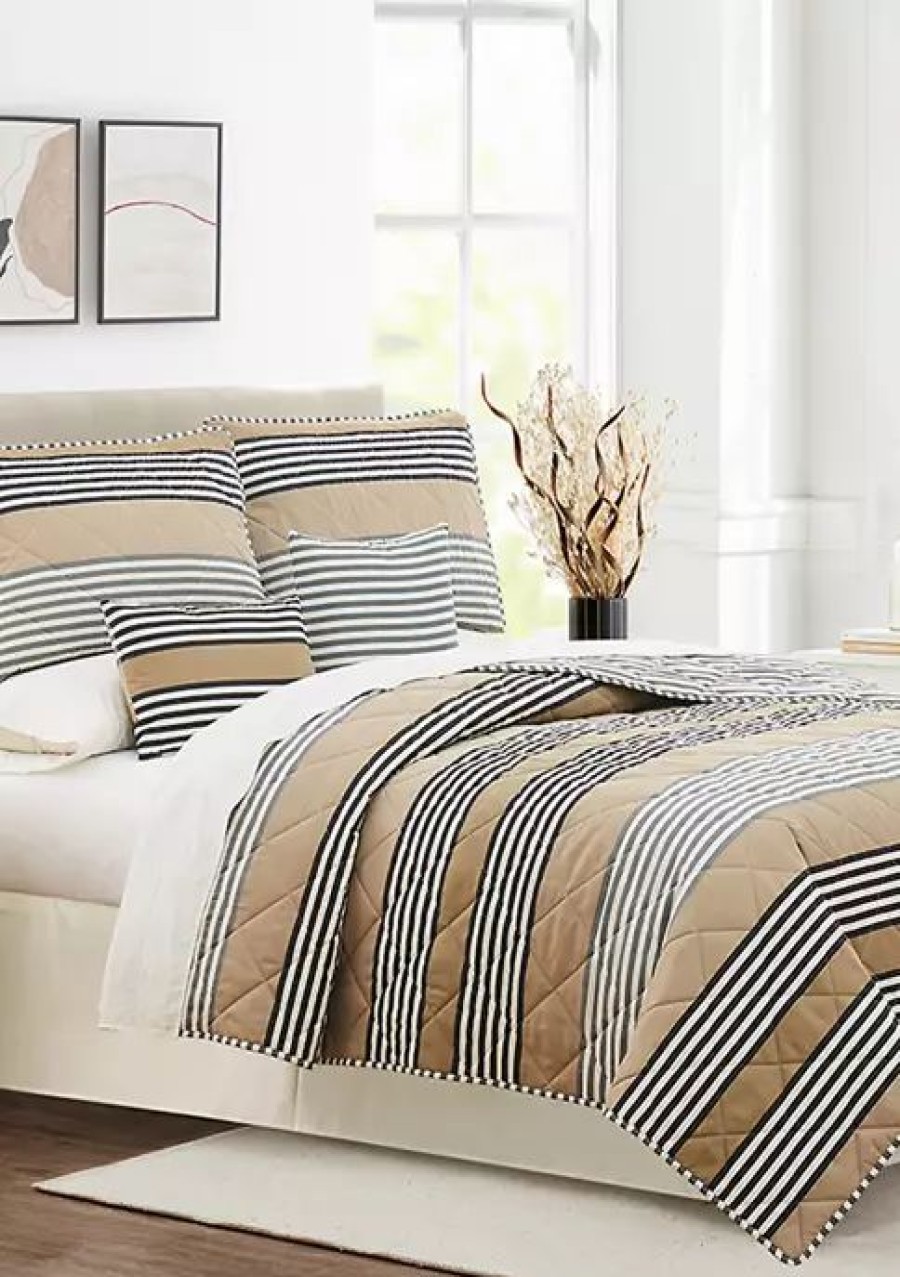 Bed & Bath * | Hot Sale Modern. Southern. Home. Tan Wide Stripe 6-Piece Quilt Set Tan Multi