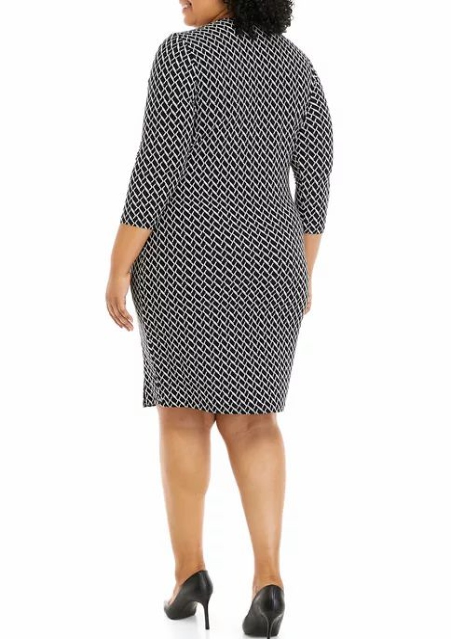 Women * | Cheap Kasper Plus Size 3/4 Sleeve Geometric Printed Side Wrap Dress Black/Vanilla Ice