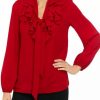 Women * | Discount Kasper Women'S Long Sleeve Ruffle Tie Front Solid Blouse Fire Red