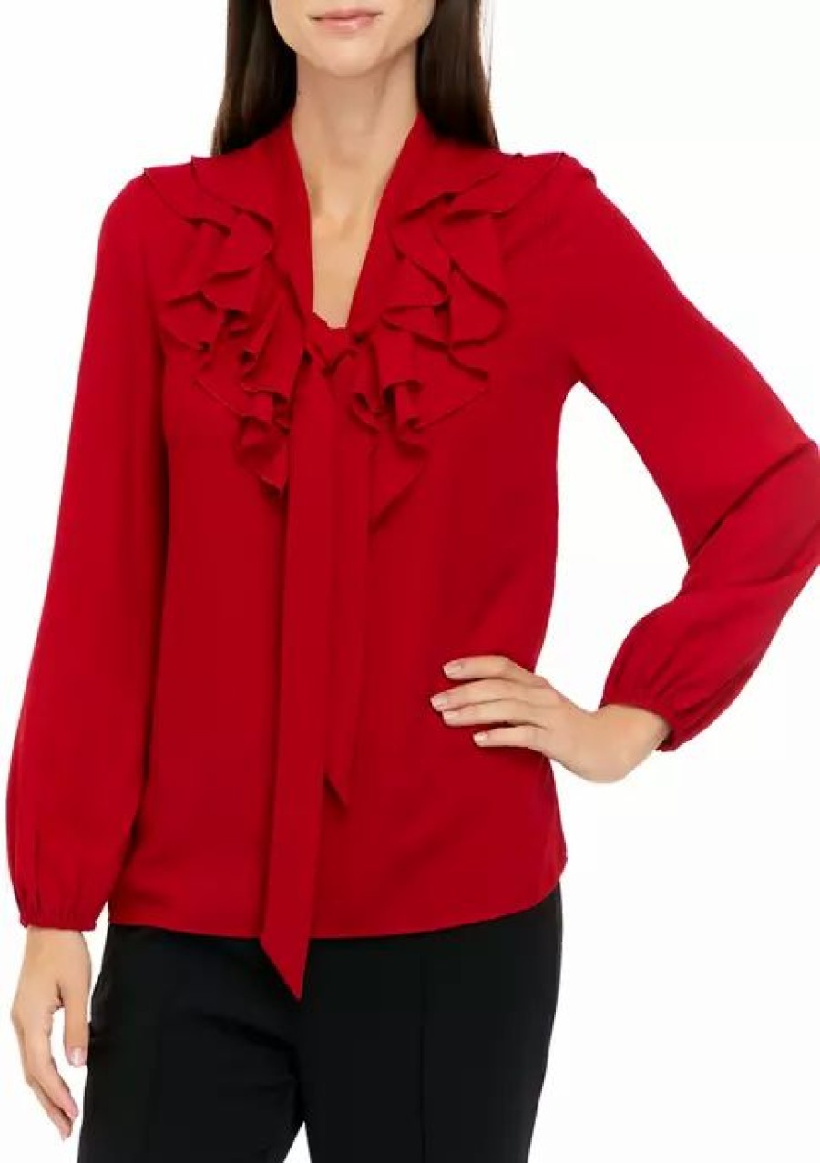 Women * | Discount Kasper Women'S Long Sleeve Ruffle Tie Front Solid Blouse Fire Red