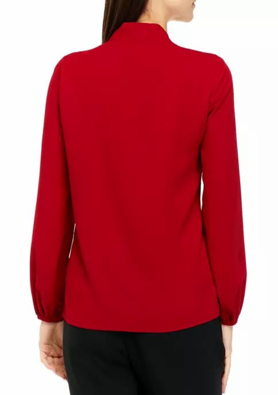 Women * | Discount Kasper Women'S Long Sleeve Ruffle Tie Front Solid Blouse Fire Red