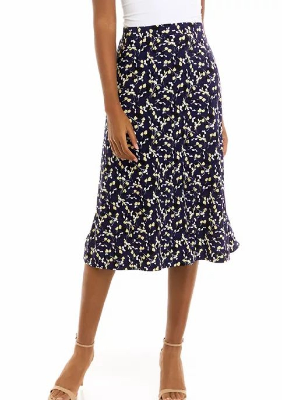 Women * | Best Pirce Kasper Petite Floral Printed Midi Flare Skirt Kasper Navy Multi