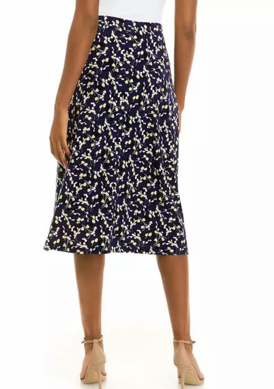 Women * | Best Pirce Kasper Petite Floral Printed Midi Flare Skirt Kasper Navy Multi