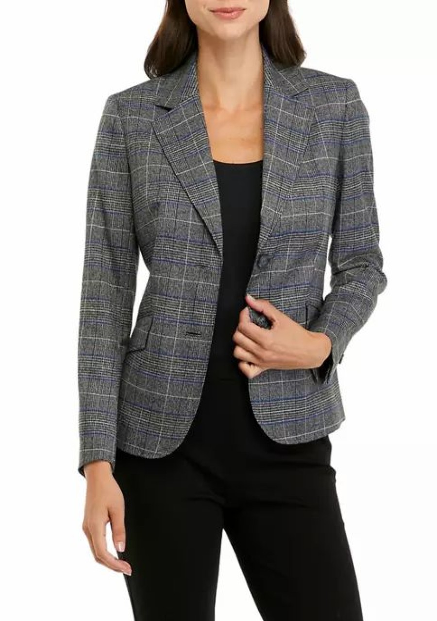 Women * | Coupon Kasper Women'S Long Sleeve Plaid Two Button Jacket Royal Blue Combo