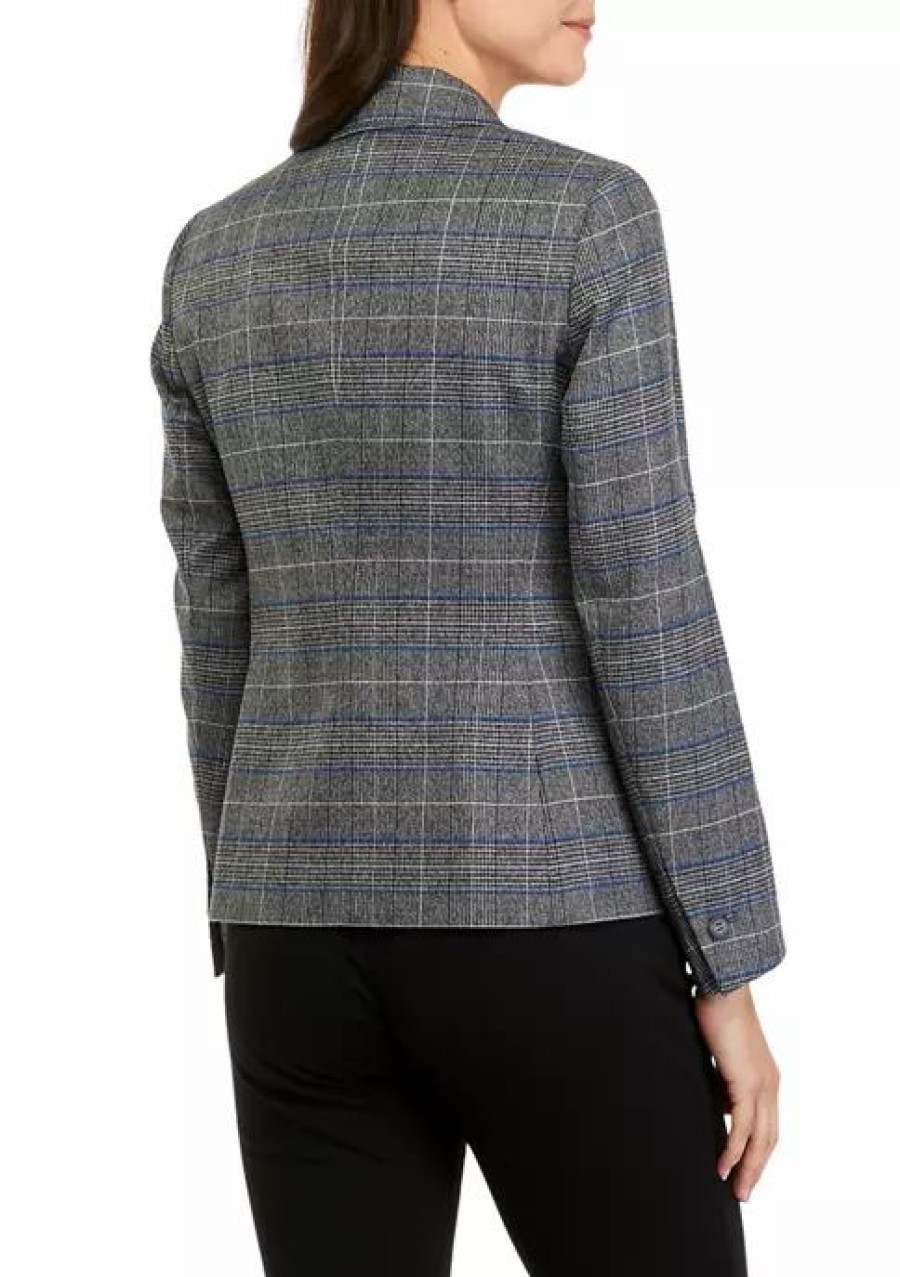 Women * | Coupon Kasper Women'S Long Sleeve Plaid Two Button Jacket Royal Blue Combo