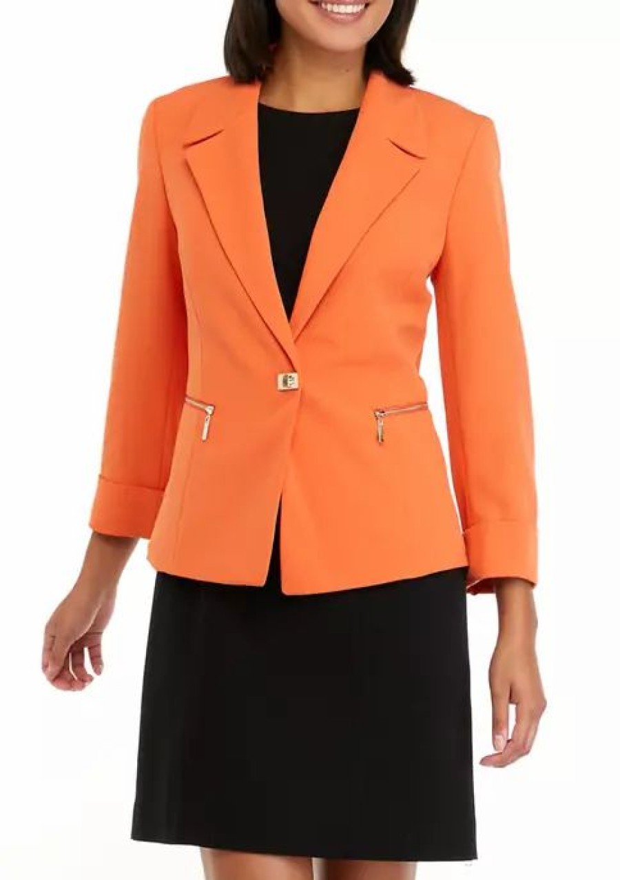 Women * | Top 10 Kasper Women'S 3/4 Sleeve Notch Collar Crepe Jacket Papaya