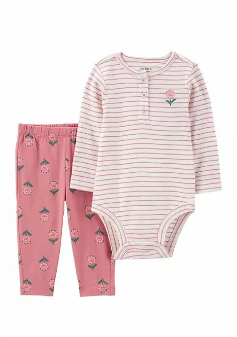 Kids * | Coupon Carter'S Baby Girls 2-Piece Striped Floral Bodysuit Pant Set Pink (650)