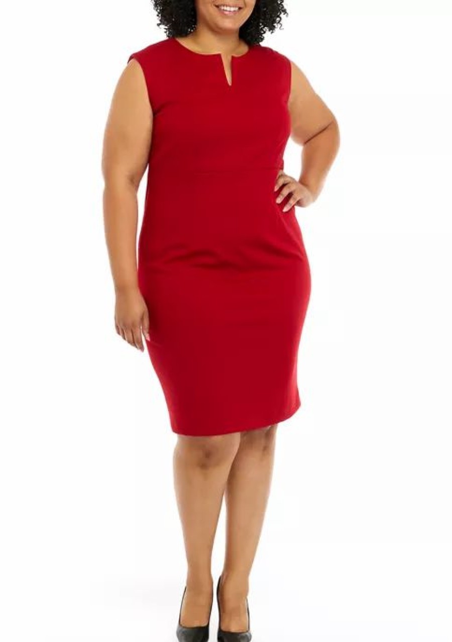 Women * | Brand New Kasper Plus Size Sleeveless Sheath Dress With Cut Out Fire Red