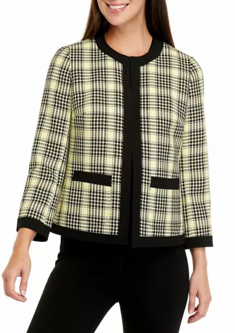 Women * | Wholesale Kasper Women'S 3/4 Sleeve Open Front Tweed Jacket Pale Yellow Multi