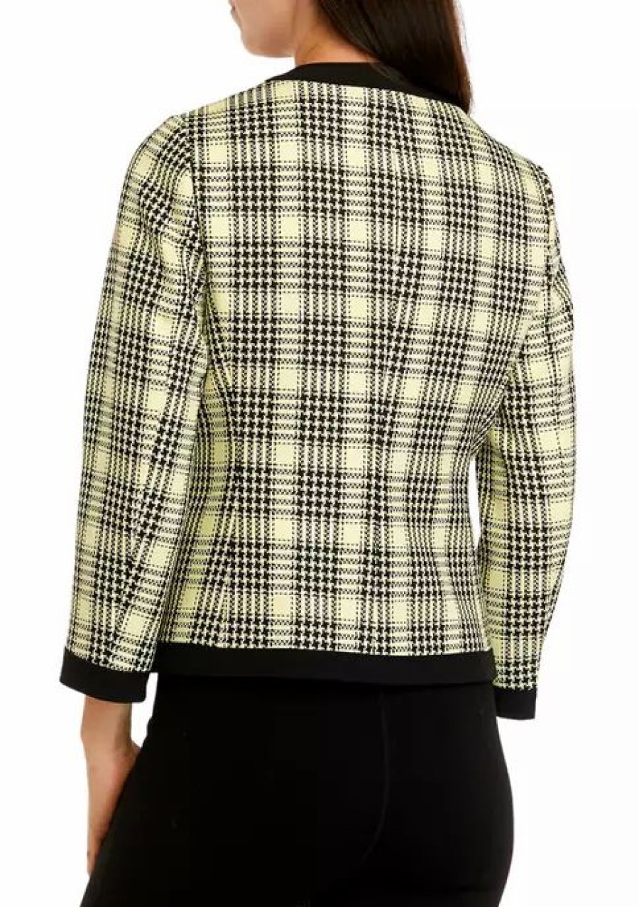 Women * | Wholesale Kasper Women'S 3/4 Sleeve Open Front Tweed Jacket Pale Yellow Multi