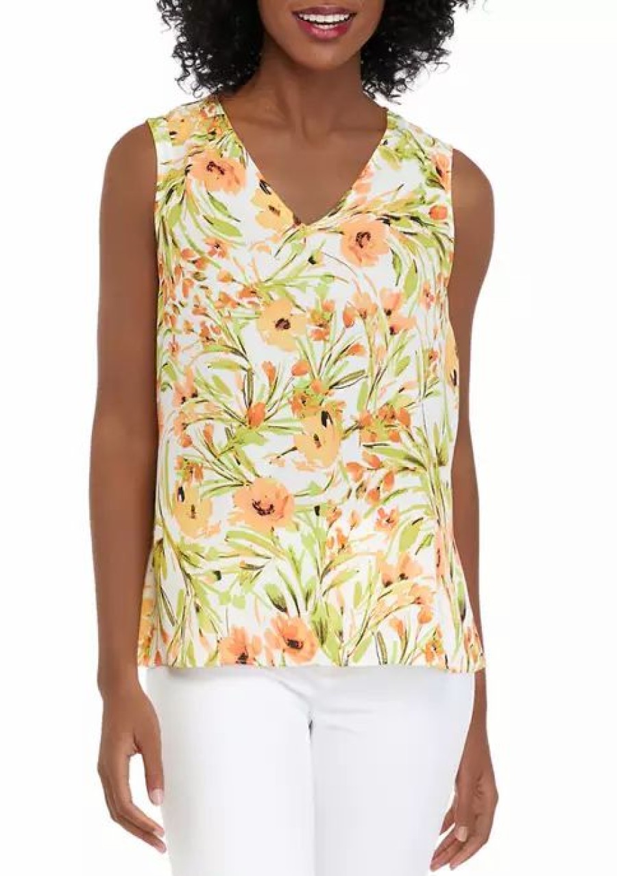 Women * | Outlet Kasper Women'S Sleeveless V-Neck Floral Top Papaya Combo