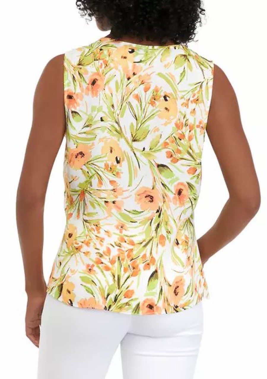 Women * | Outlet Kasper Women'S Sleeveless V-Neck Floral Top Papaya Combo