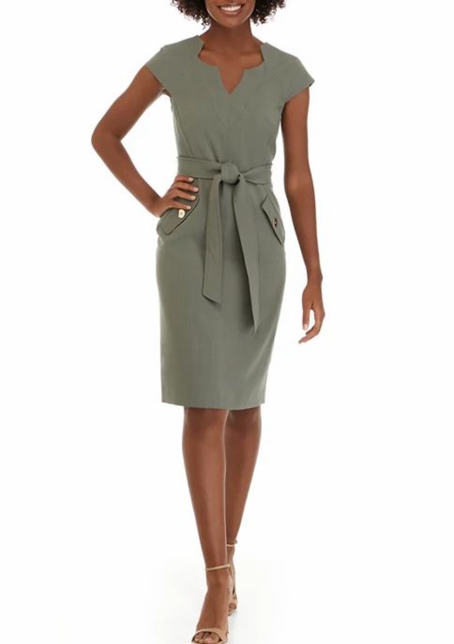 Women * | Deals Kasper Women'S V-Neck Cap Sleeve Belted Crepe Sheath Dress Sea Stone