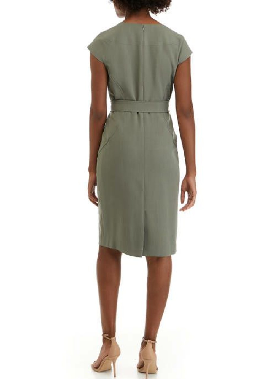 Women * | Deals Kasper Women'S V-Neck Cap Sleeve Belted Crepe Sheath Dress Sea Stone