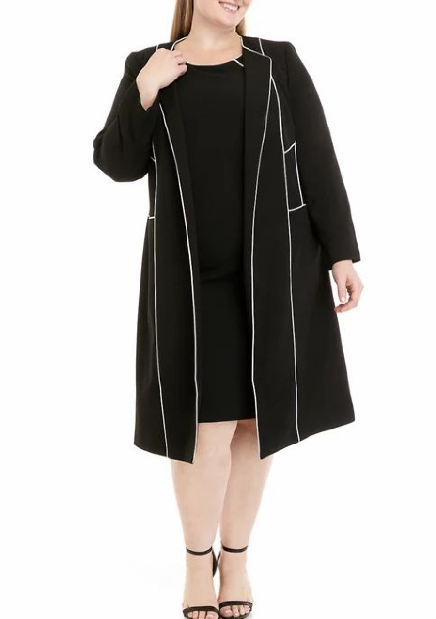 Women * | Cheap Kasper Plus Size Long Sleeve Piped Contrast Longer Length Open Jacket Black/Vanilla Ice