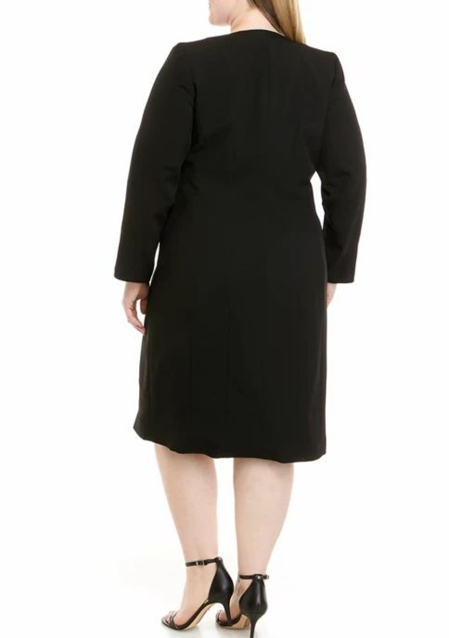 Women * | Cheap Kasper Plus Size Long Sleeve Piped Contrast Longer Length Open Jacket Black/Vanilla Ice