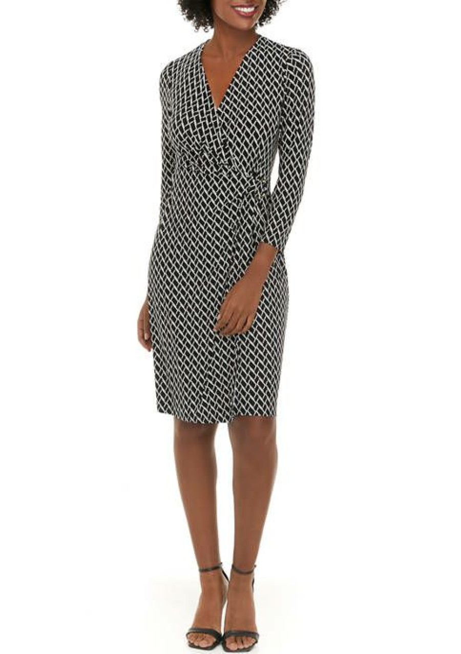 Women * | Wholesale Kasper Petite 3/4 Sleeve Geometric Print Side Wrap Dress Black/Vanilla Ice