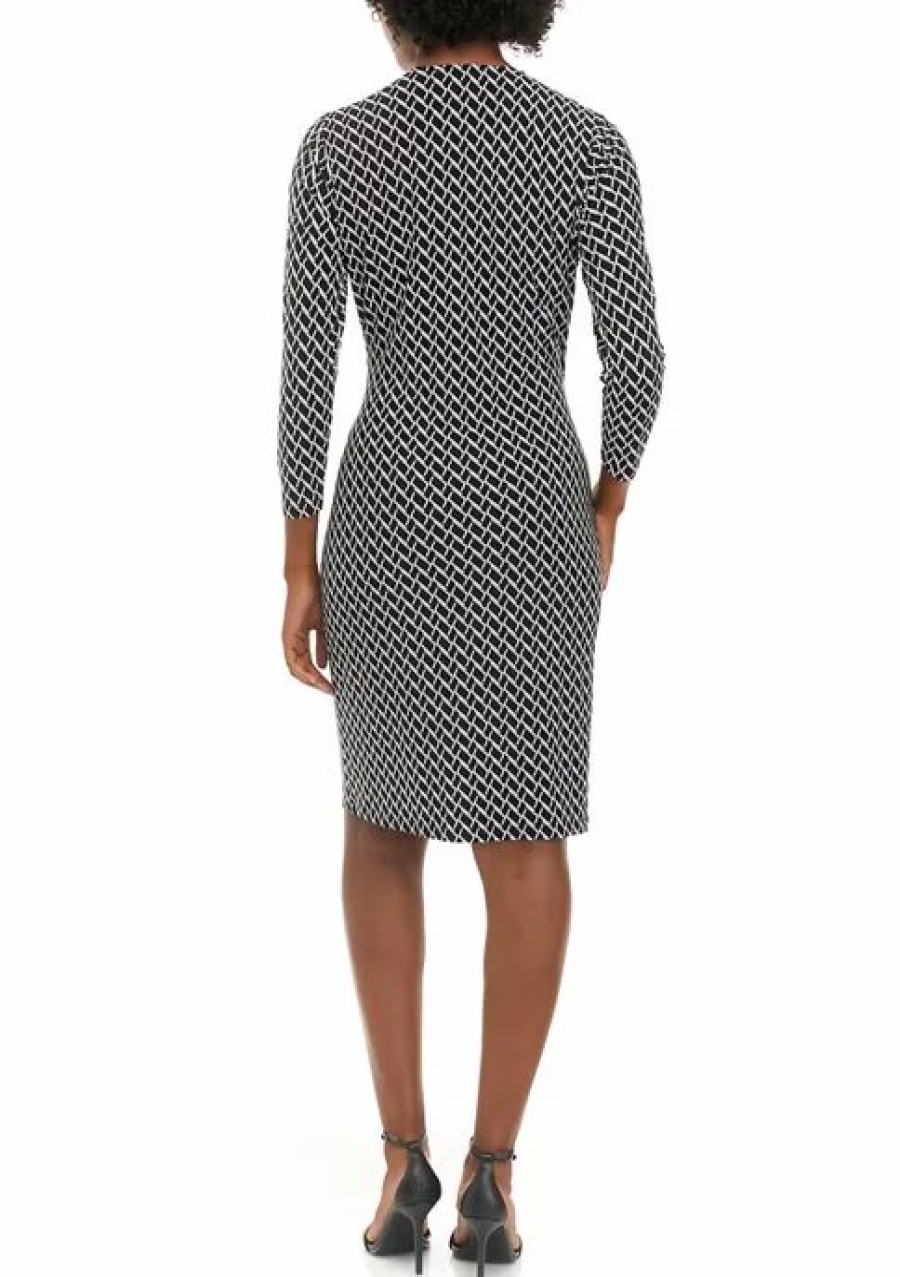 Women * | Wholesale Kasper Petite 3/4 Sleeve Geometric Print Side Wrap Dress Black/Vanilla Ice