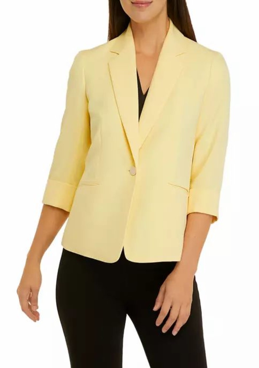 Women * | Top 10 Kasper Women'S 3/4 Sleeve Roll One Button Jacket Pale Yellow