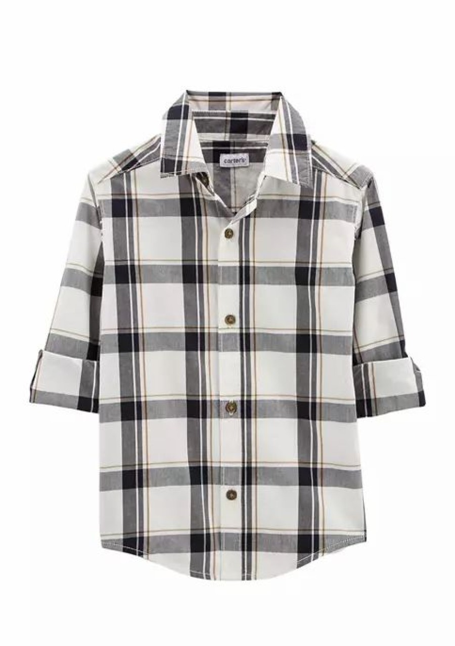 Kids * | Budget Carter'S Toddler Boys Black And White Woven Plaid Shirt Plaid (981