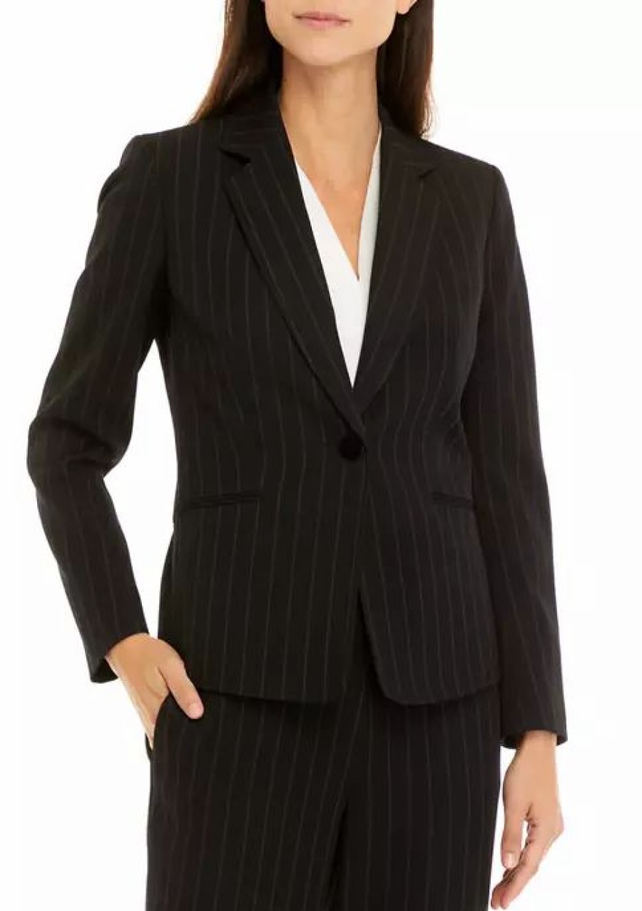 Women * | Discount Kasper Women'S Long Sleeve Pinstripe One Button Jacket Black Combo