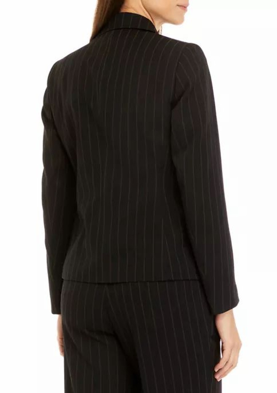 Women * | Discount Kasper Women'S Long Sleeve Pinstripe One Button Jacket Black Combo