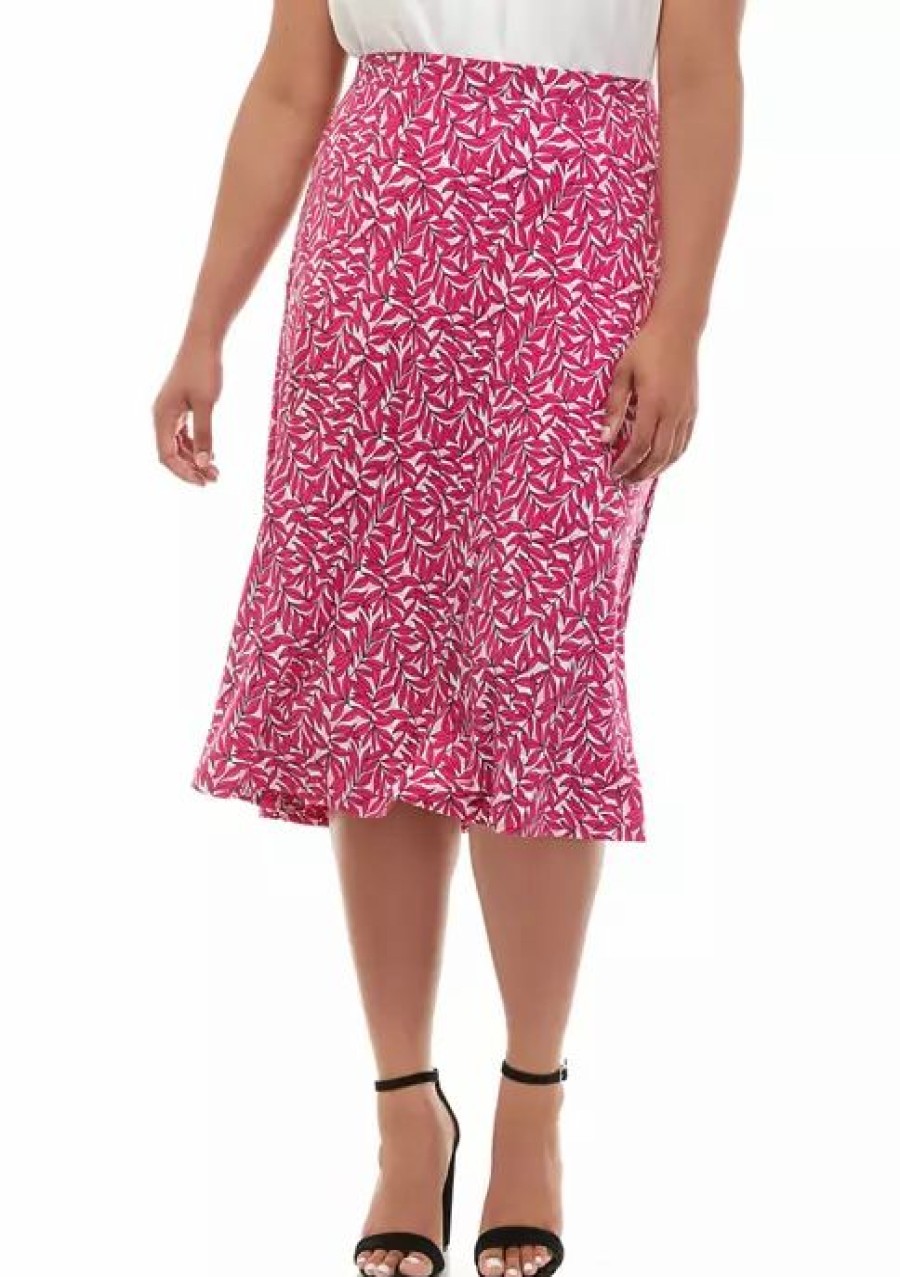 Women * | Deals Kasper Plus Size Printed Knit Midi Skirt Pink Perfection Combo