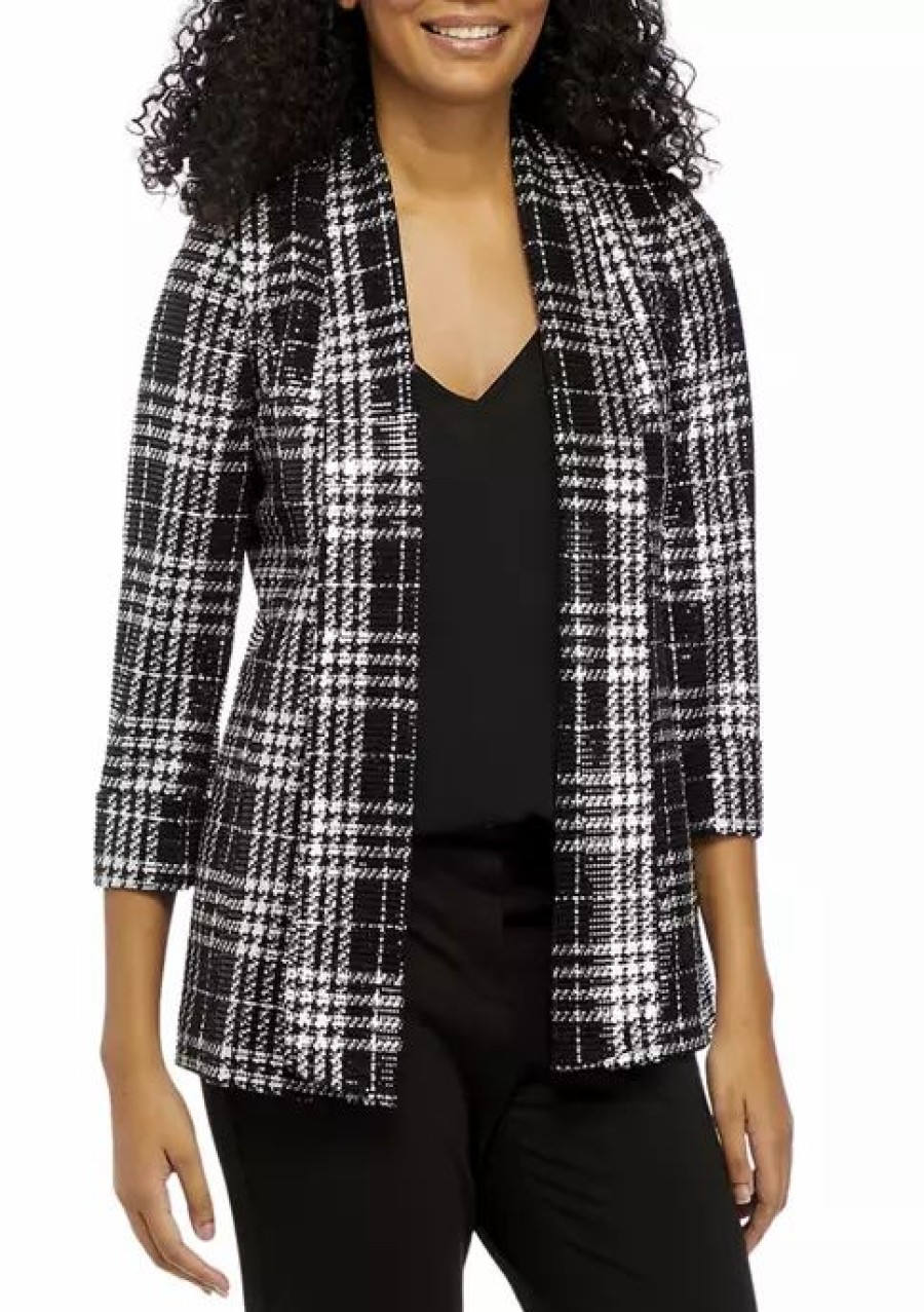 Women * | Deals Kasper Women'S Three-Quarter Sleeve Metallic Plaid Shawl Collar Blazer Black/Silver