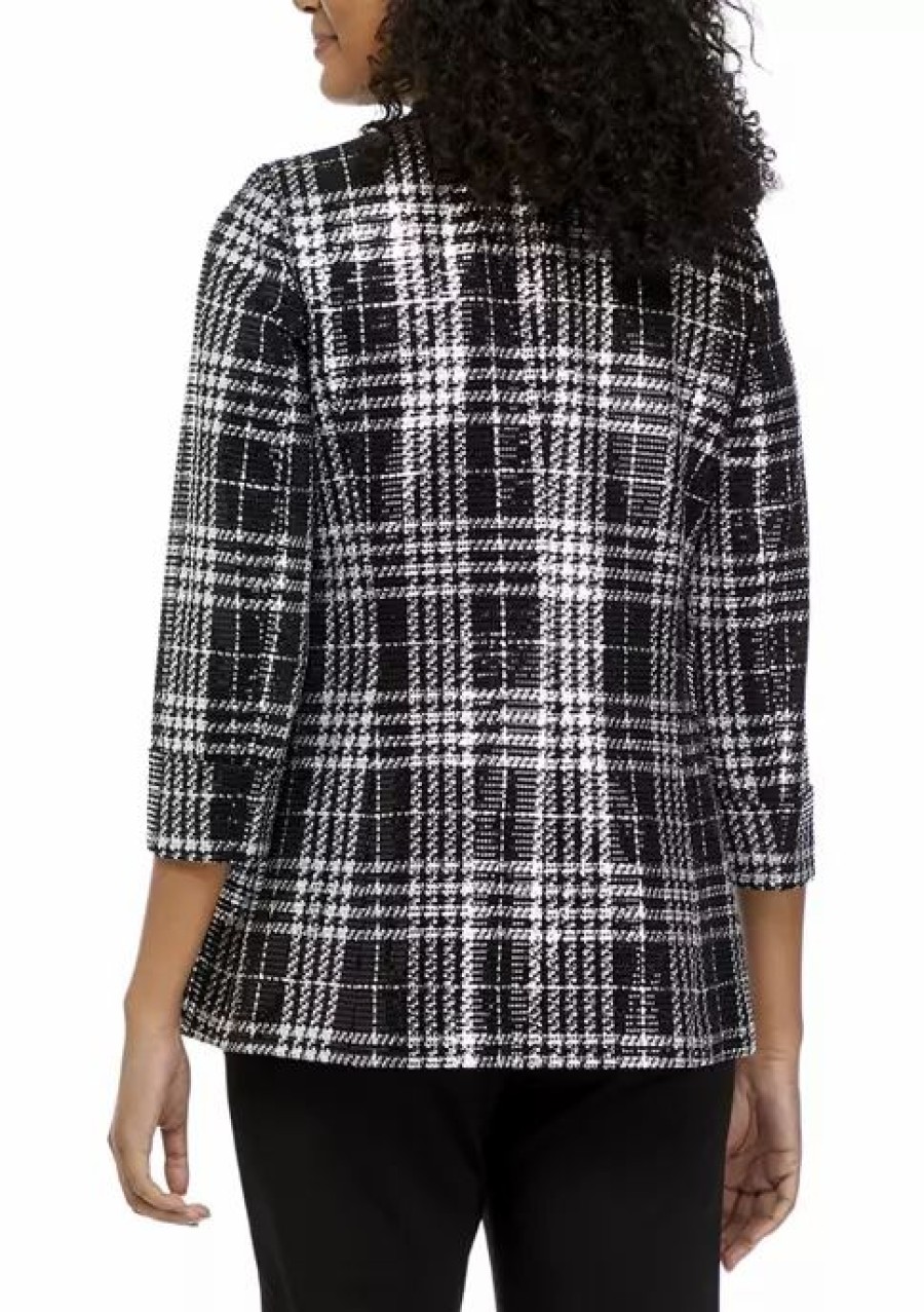 Women * | Deals Kasper Women'S Three-Quarter Sleeve Metallic Plaid Shawl Collar Blazer Black/Silver