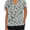 Women * | New Kasper Women'S V-Neck Flutter Sleeve Palm Print Woven Top Black Combo