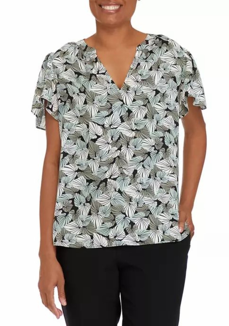 Women * | New Kasper Women'S V-Neck Flutter Sleeve Palm Print Woven Top Black Combo