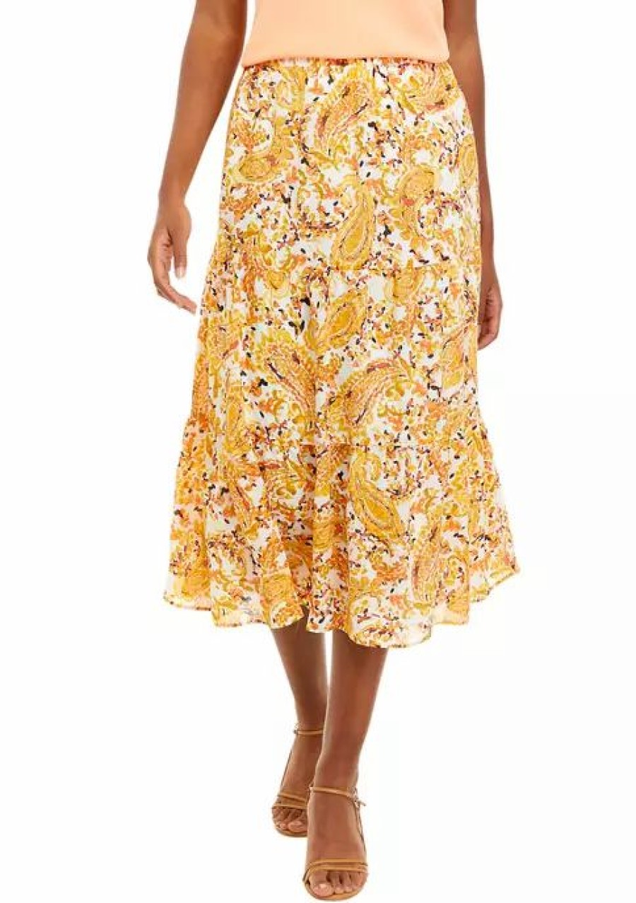 Women * | Best Sale Kasper Women'S Pull On Paisley Tiered Woven Skirt Butterscotch Combo