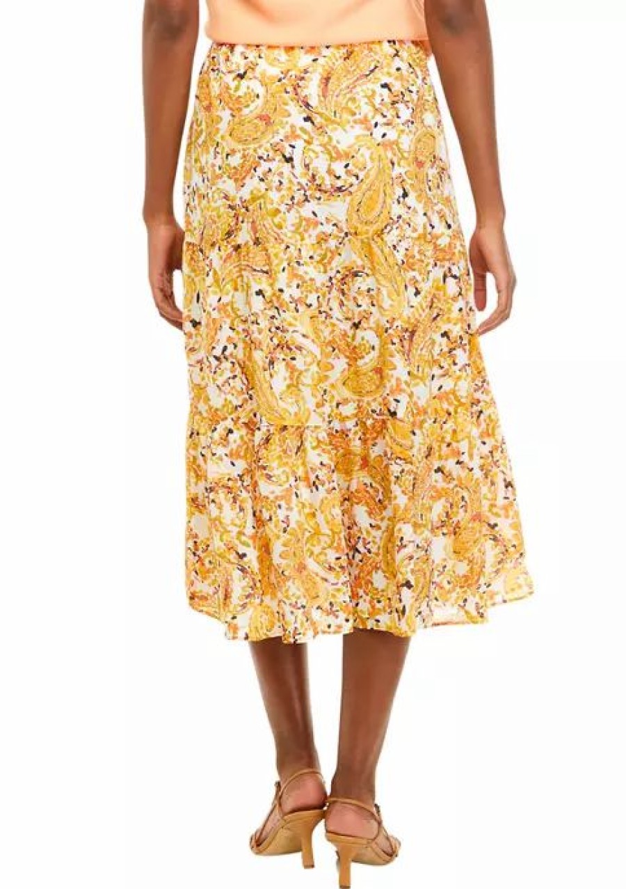 Women * | Best Sale Kasper Women'S Pull On Paisley Tiered Woven Skirt Butterscotch Combo