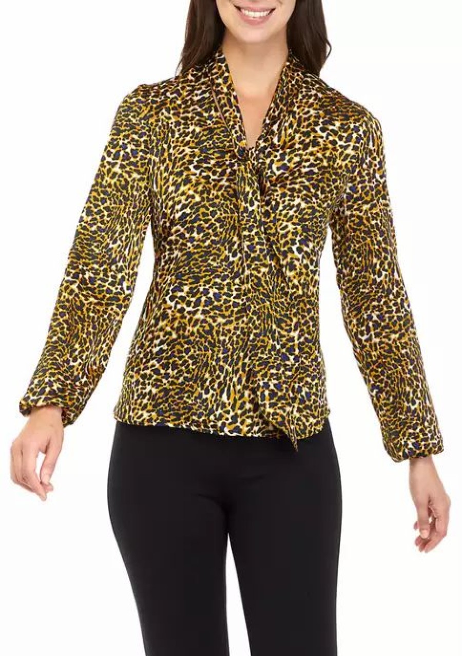 Women * | Cheapest Kasper Women'S Long Sleeve Tie Neck Animal Print Blouse Marigold Combo