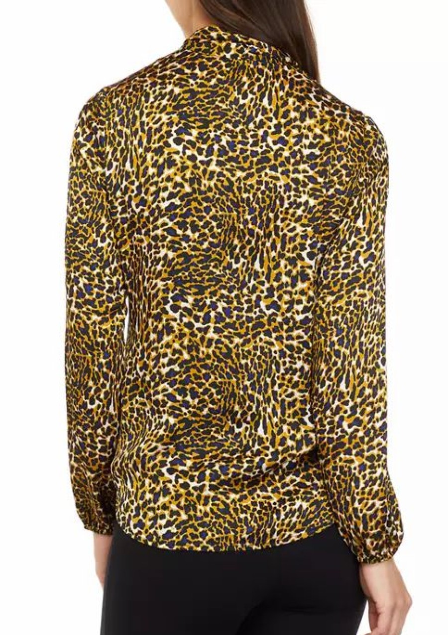 Women * | Cheapest Kasper Women'S Long Sleeve Tie Neck Animal Print Blouse Marigold Combo