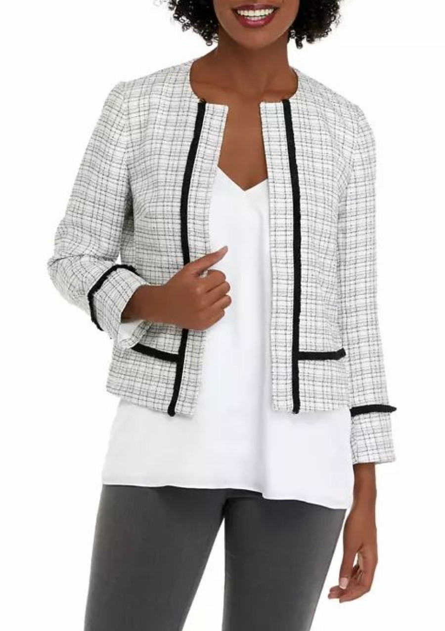 Women * | Cheap Kasper Women'S Long Sleeve Piped Tweed Open Front Jacket Vanilla Ice/Black