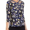 Women * | Best Deal Kasper Women'S 3/4 Sleeve Twist Neck Circle Print Top Royal Blue/Marigold