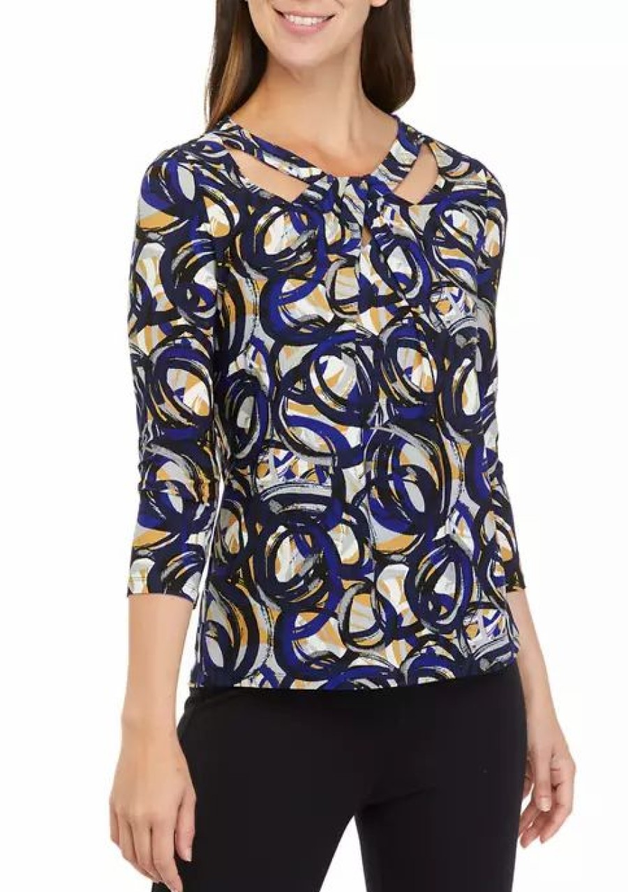 Women * | Best Deal Kasper Women'S 3/4 Sleeve Twist Neck Circle Print Top Royal Blue/Marigold